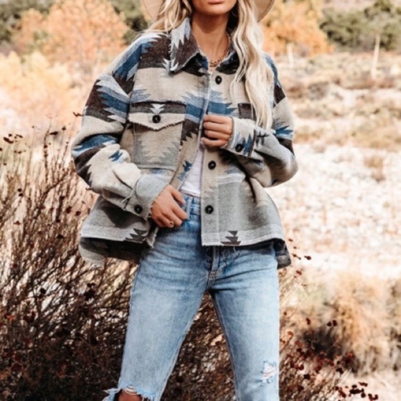 SOLD OUT Eldora Aztec Tribal Distressed Western Shacket Shirt Button Up Jacket - Picture 2 of 5